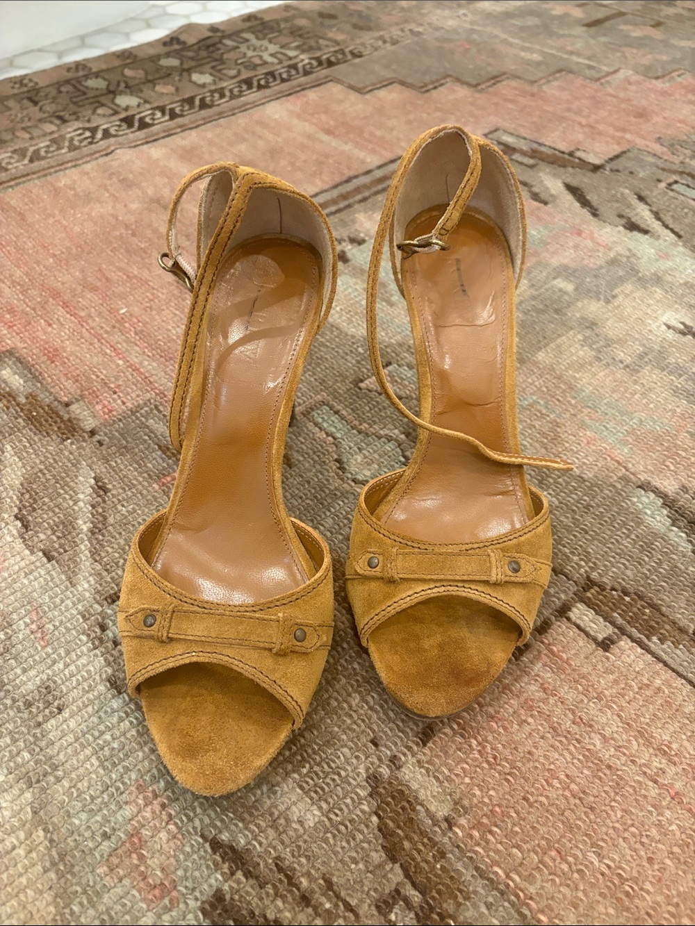 J. Crew Camel Suede Open-Toe Ankle-Strap Heels